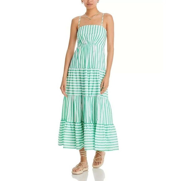 Aqua Dresses & Skirts - AQUA Cotton Tiered Maxi‎ Dress Medium Green Stripe Square Neck Sleeveless Resort